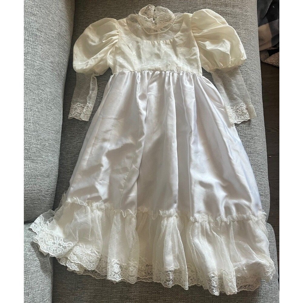 Vtg 70’s Ivory Satin & Lace Victorian Christening Dress Gown Long Sleeve Sz 6